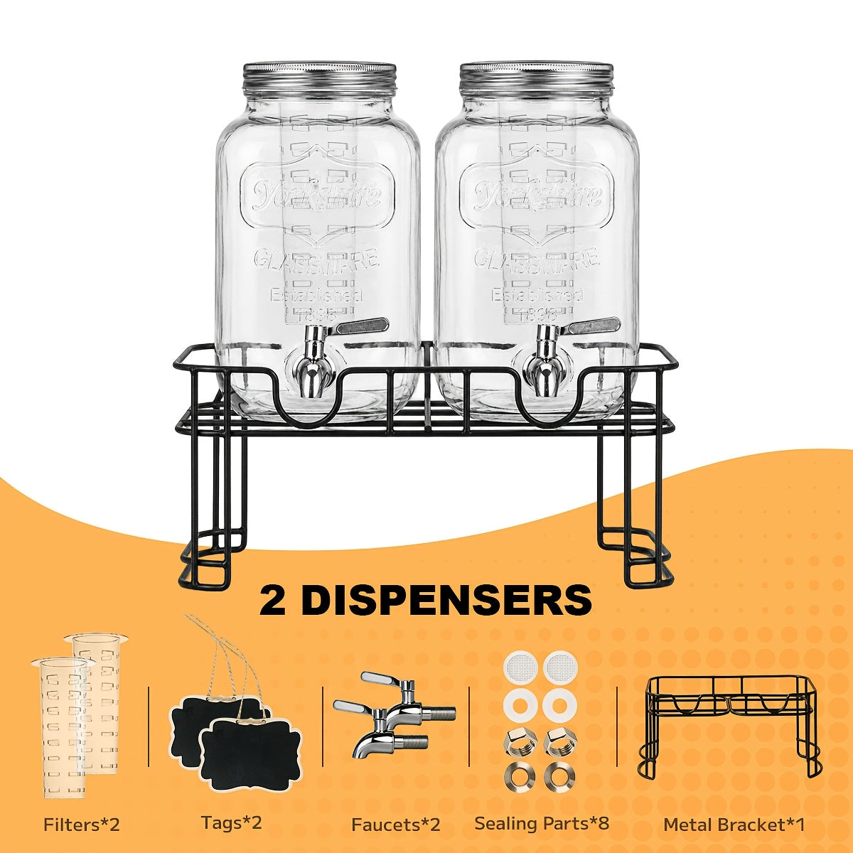 2-Pack 1 Gallon Glass Drink Dispensers for Parties, Beverage Dispenser, Glass Drink Dispenser with Fruit Infuser And Stand And Stainless Steel Spigot, Lemonade Dispenser with Ice Cylinder for BBQ, Picnic, Party, Weddings, And Events
