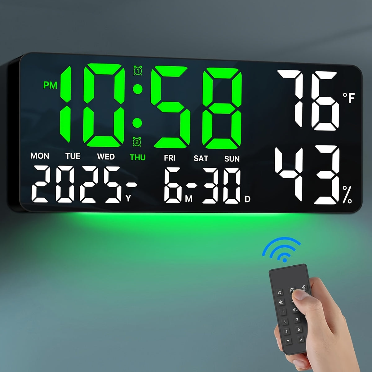 Large Screen LED Alarm Clock - Luminous Display of Week, Temperature, Humidity, and Timer - Ideal for Bedroom, Living Room, and Office with Sleek Modern Design.