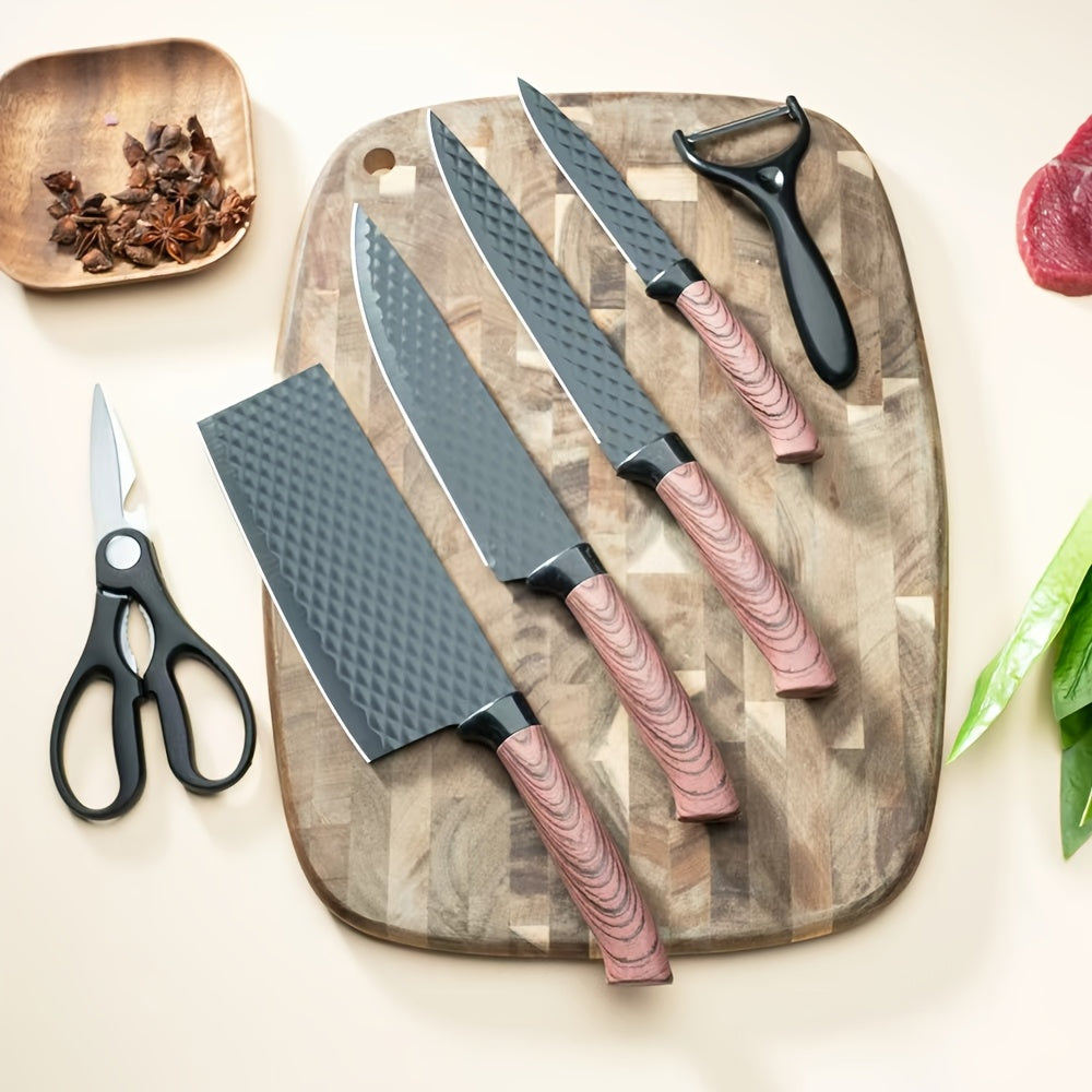 Professional 6pcs Kitchen Knives Set, Chef, Cleaver, Slicer, Utility Knife Peeler& Scissors High Carbon Stainless Steel Ultra Sharp with Non-Stick Ergonomic Wood Handle Cooking Chef Knife Set for Home Travel Vegetable, Meat, Fruit Gift Box