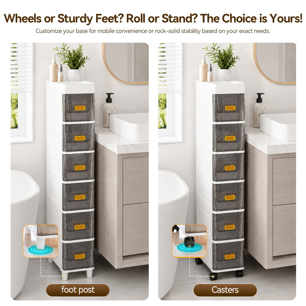 Deluxe Slim Storage Cabinet with Drawers - Durable Waterproof PP Material, Multi-Purpose Organizer with Ample Storage for Bathroom, Kitchen, Personal Care Product Dispensers, and More - Ideal for Small Spaces, Storage Drawer Units