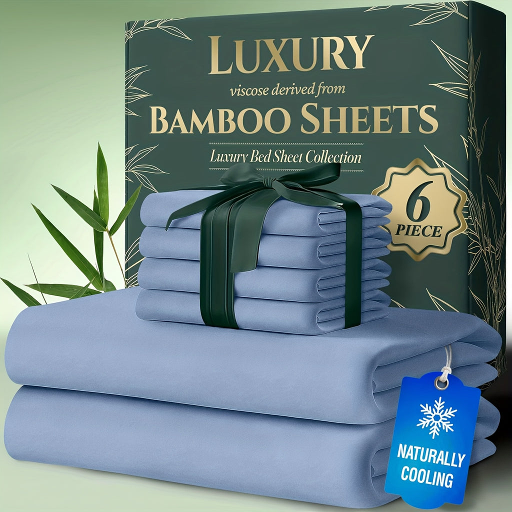 Deep Pocket Bamboo Cooling Bed Sheets 6pcs - Bamboo Luxury Cooling Sheets for Hot Sleepers - Cloud Soft, 17" Deep Pocket Fitted Sheet, Ultra Durable Bed Set for Room Decor