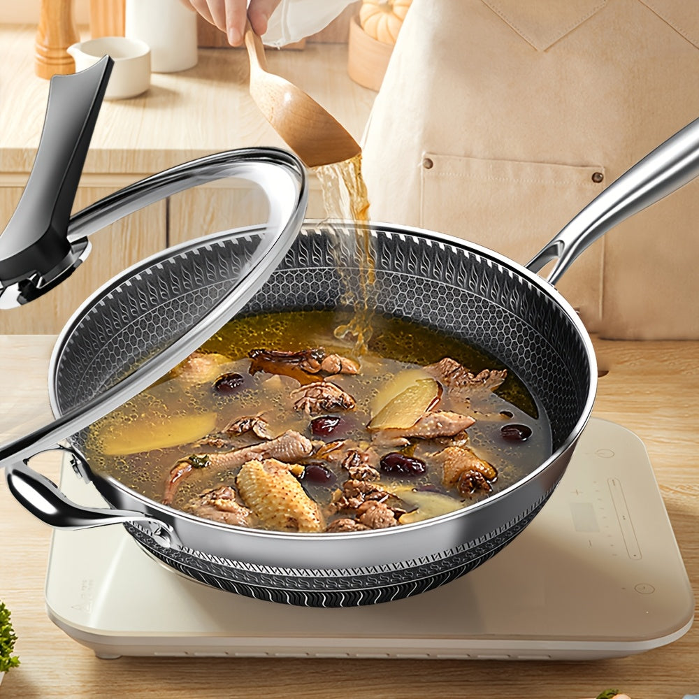 13.3-Inch Tri-Ply Stainless Steel Non-Stick Wok with Lid And 2pcs Cookware Additions, Honeycomb Design, Home Cooking Pan, Suitable for All Stoves, Kitchen Utensils, Kitchen Tools, Kitchen Accessory, Kitchen Supplies Camping