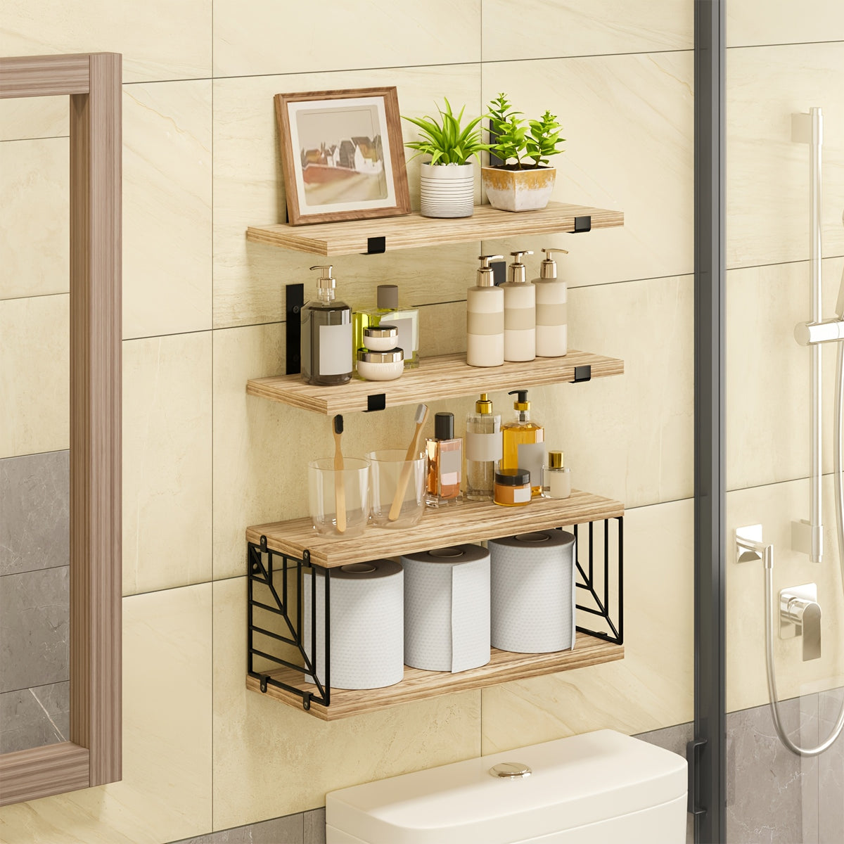 TOMNK 3/4pcs Wall Mounted Floating Storage Rack, Rustic Wood Wall Shelf with Guardrail, Multifunctional Display Unit for Bedroom, Living Room, Bathroom And Kitchen