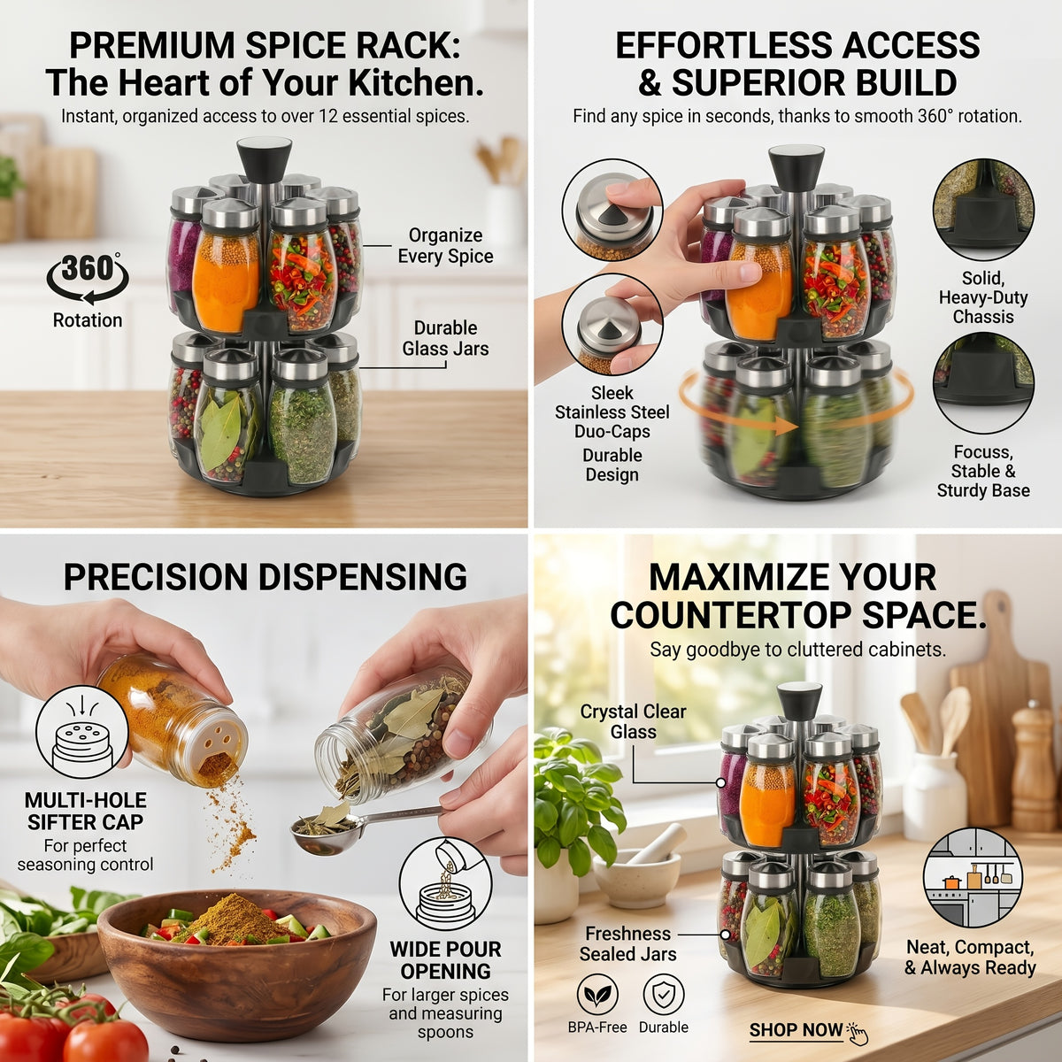 Rotating Spice Rack with Glass Jars, 6 or 12 Seasoning Bottles with Adjustable Dispensing Lids and Single or Double Tier Kitchen Storage Organizer