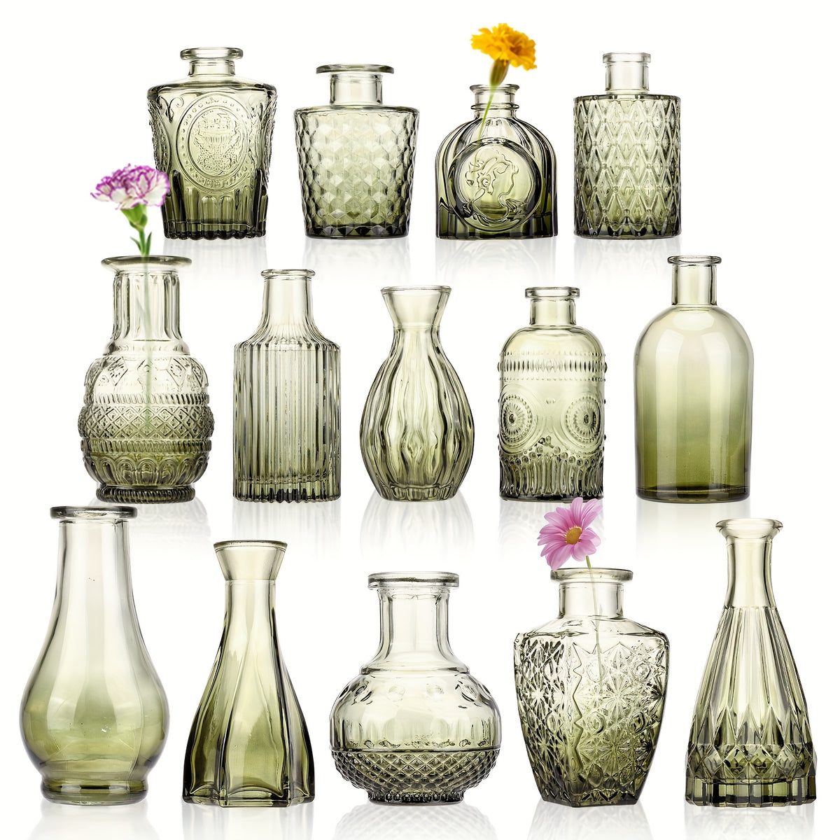 TOMNK 12pcs Glass Bud Vase Set in Bulk, Gradual Muti Colours Relief Vase for Centerpieces, Mini Vintage Glass Flower Vases for Wedding Home Table Party Decor