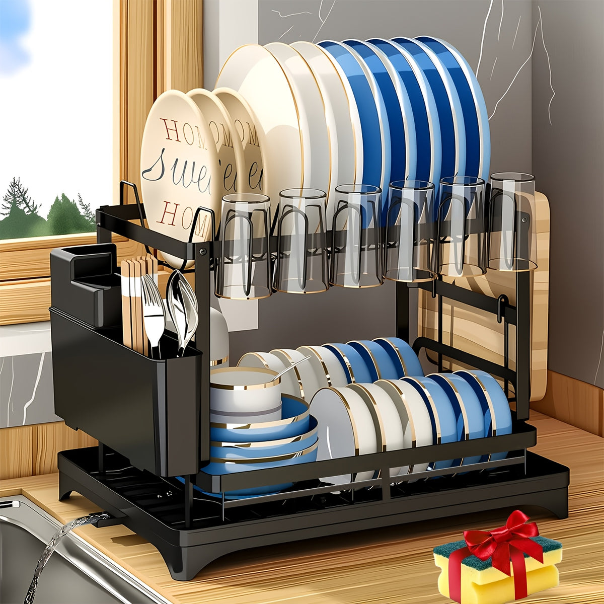Two-Level Dish Drying Rack For Kitchen Surfaces, Kitchen Organizers And Storage, Dish Drainer With A Drainboard, Kitchen Accessories, Metal Kitchen Dish Holder With Drainage, Two-Tier Kitchen Drying Rack, Black Dish Holders