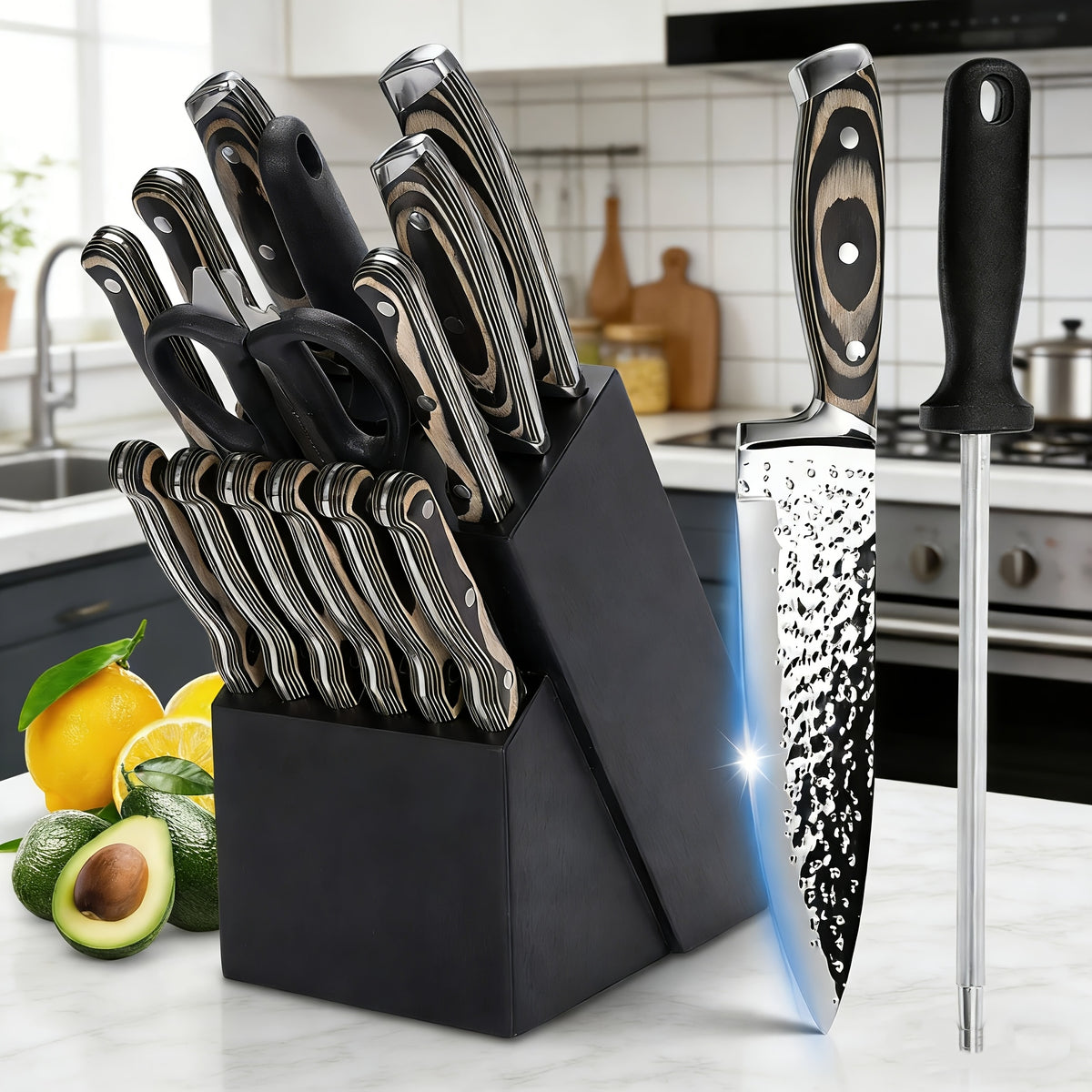 Stainless Steel Knife Block Set, 15 Piece Kitchen Knife Collection with Steak Knives and Storage Block in Five Styles for Everyday Home Cooking
