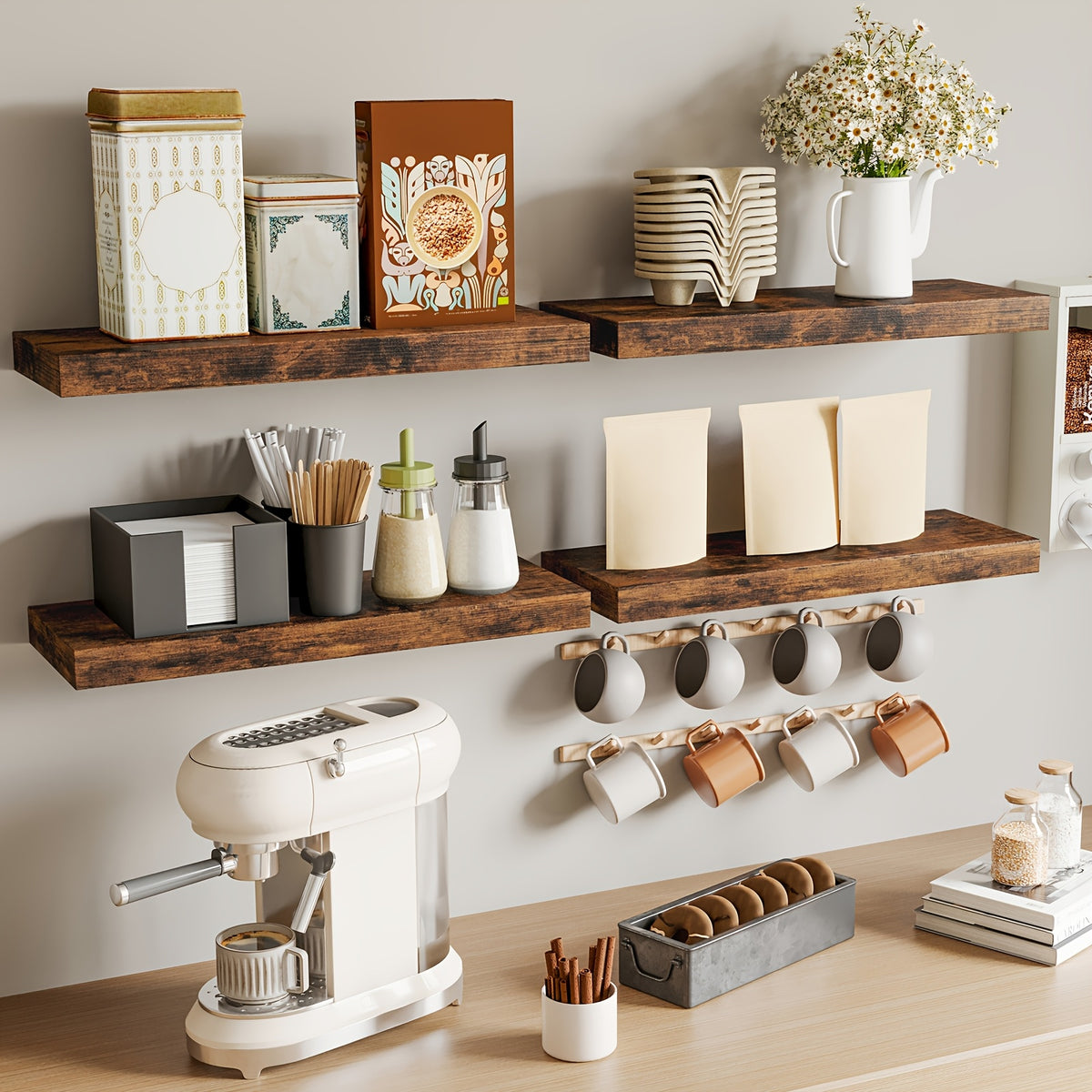 4pcs Of Home Decoration Wall Mounted Floating Shelves, Retro Style Wall Shelves, Invisible Brackets for Home Decoration, Suitable for Bathrooms, Living Rooms, Bedrooms, And Kitchens, Retro Brown Black White/gray Halloween And Christmas Decoratio
