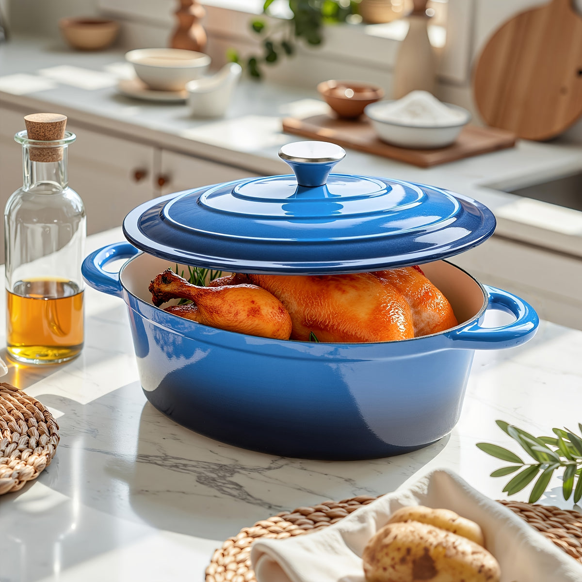 Dutch Oven Made of Cast Iron with an Enamel End, Equipped with a Lid And Two Handles. Perfect for Baking Bread, Slow Cooking, And Roasting. It Offers Great Sealing Capabilities And Works with for All Types of Heat Sources