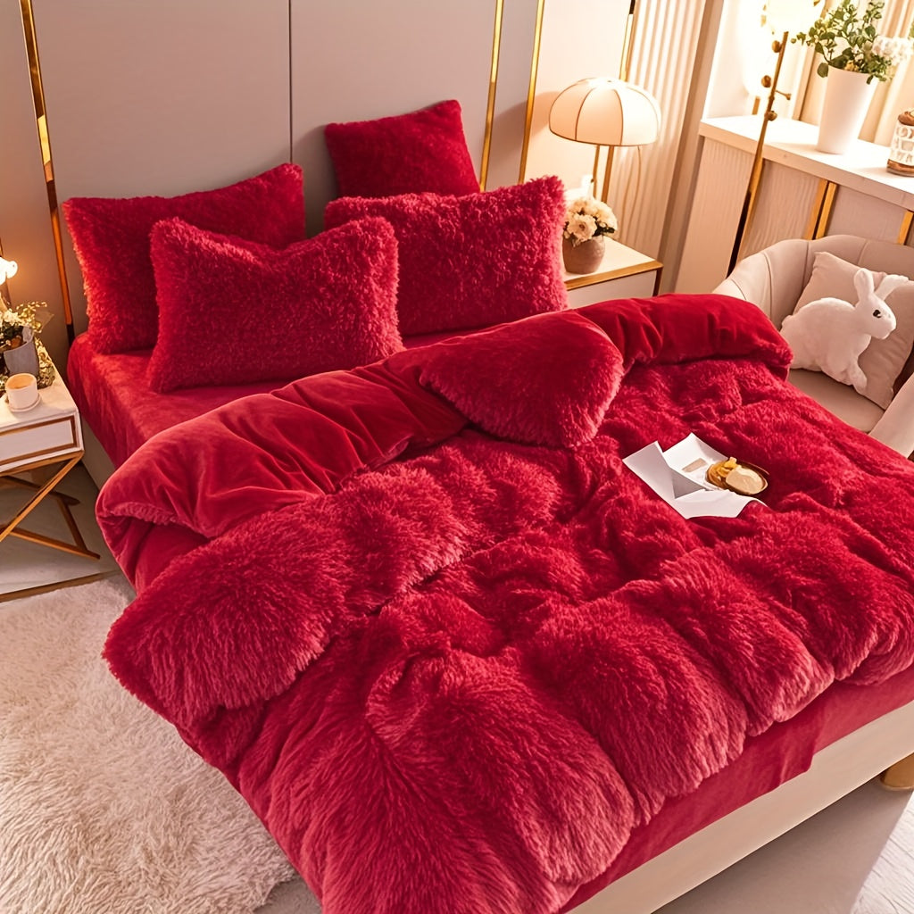 4pcs Fluffy Comforter Cover Set Queen King, Soft Plush Duvet Cover Set with Pillow Shams, All Season Cozy Bedding, No Insert