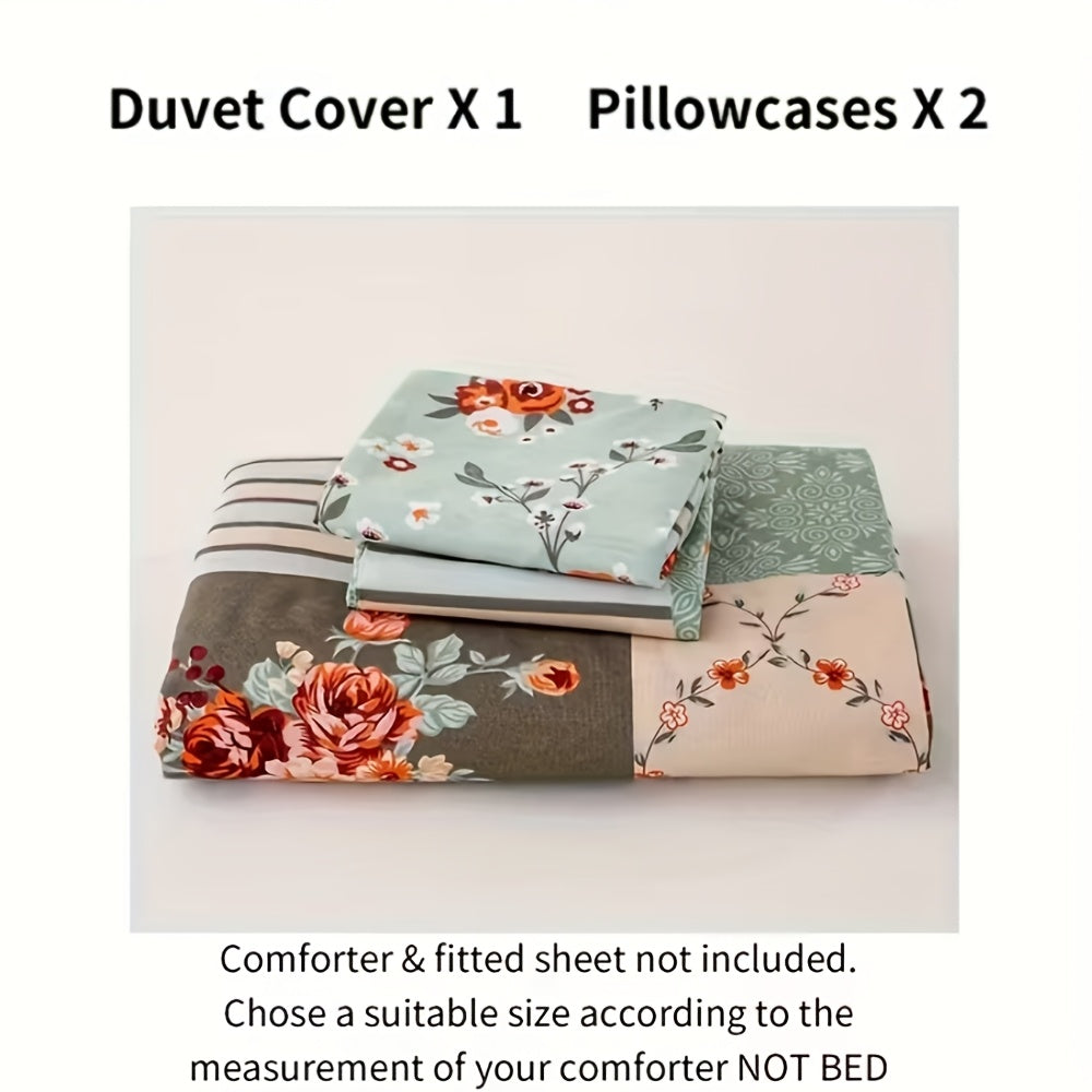 3pcs Floral Print Duvet Cover Set (1 X Duvet Cover And 2 X Pillowcases, Without Core), All-Season Lightweight Patchwork Kids Comforter Cover with Zipper, Pastoral Style Flower Plaid Patchwork Print bedding Comfortable Duvet Cover, for Kids Bedroom