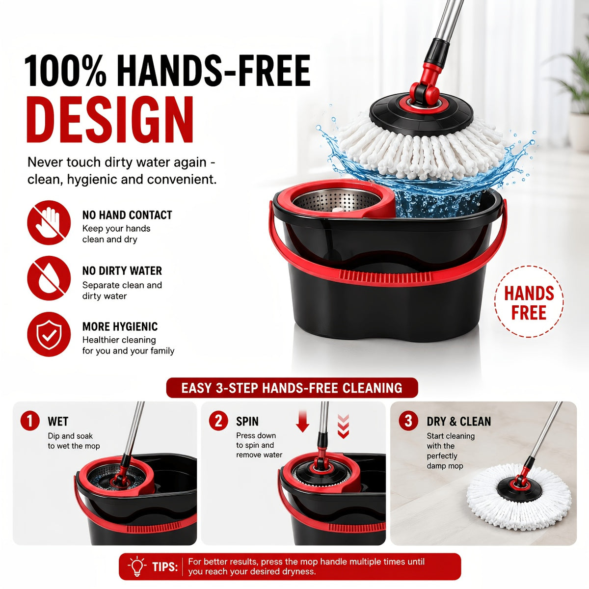 Mop And Bucket Set, Spin Mop And Bucket System, Spin Mop Bucket, Mop, Trapeador De Piso, 360° Rotating With Stainless Steel Basket, 35"-46" Adjustable Handle