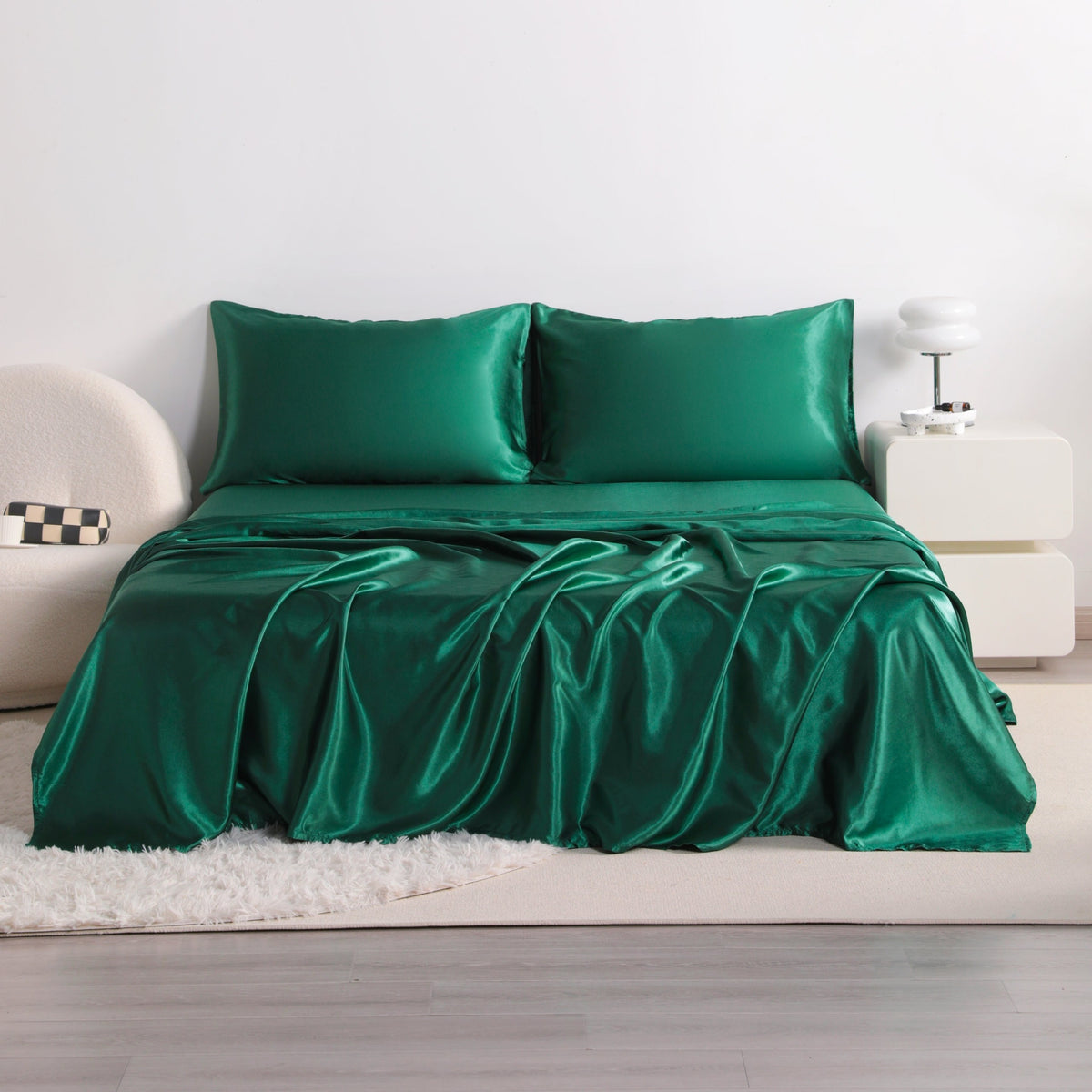 4pcs Cooling Satin Bed Sheet Set, Shrink-Resistant, Fade-Resistant, Hypoallergenic, Breathable,Flat Sheet & Fitted Sheet & Pillowcase Set with Deep Pocket, 300 Gsm