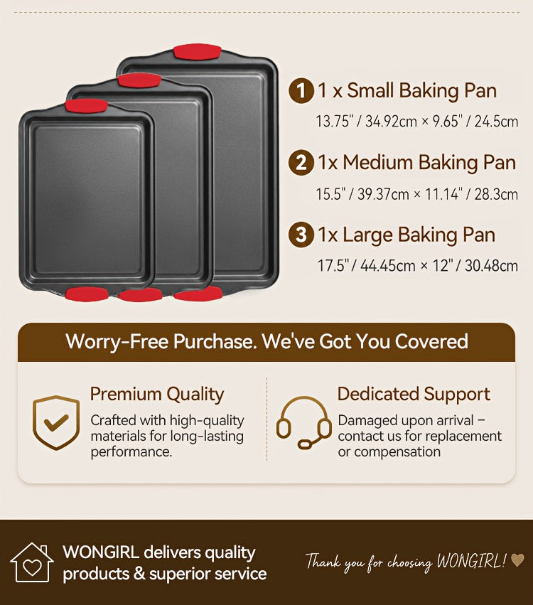 3pcs Nonstick Carbon Steel Oven Baking Pans Set With Detachable Silicone Handles, Premium Non-Stick Steel Bakeware Set, Commercial Grade Restaurant Quality Rimmed Sheets, Easy-Clean Baking Trays For Cookies, Pizza, Cake & Home Kitchen Use
