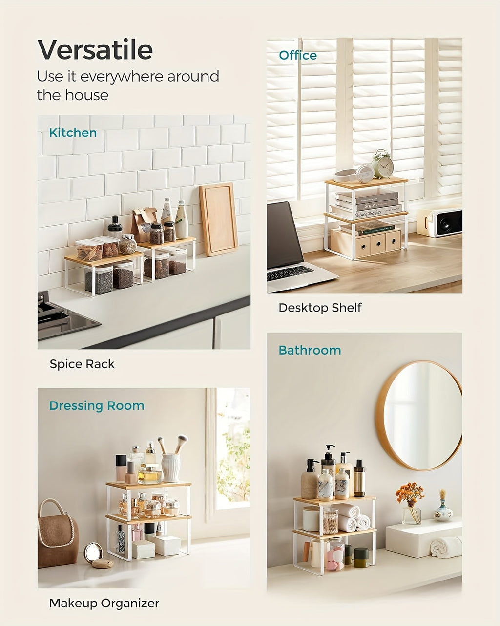 Set of Two Adjustable And Stackable Shelf Organizers - Versatile Wooden Storage Rack for Kitchen Counters, Spices, Bathrooms, And Pantries - a Space-Saving Gift for Home Organization Enthusiasts And Cooking Aficionados