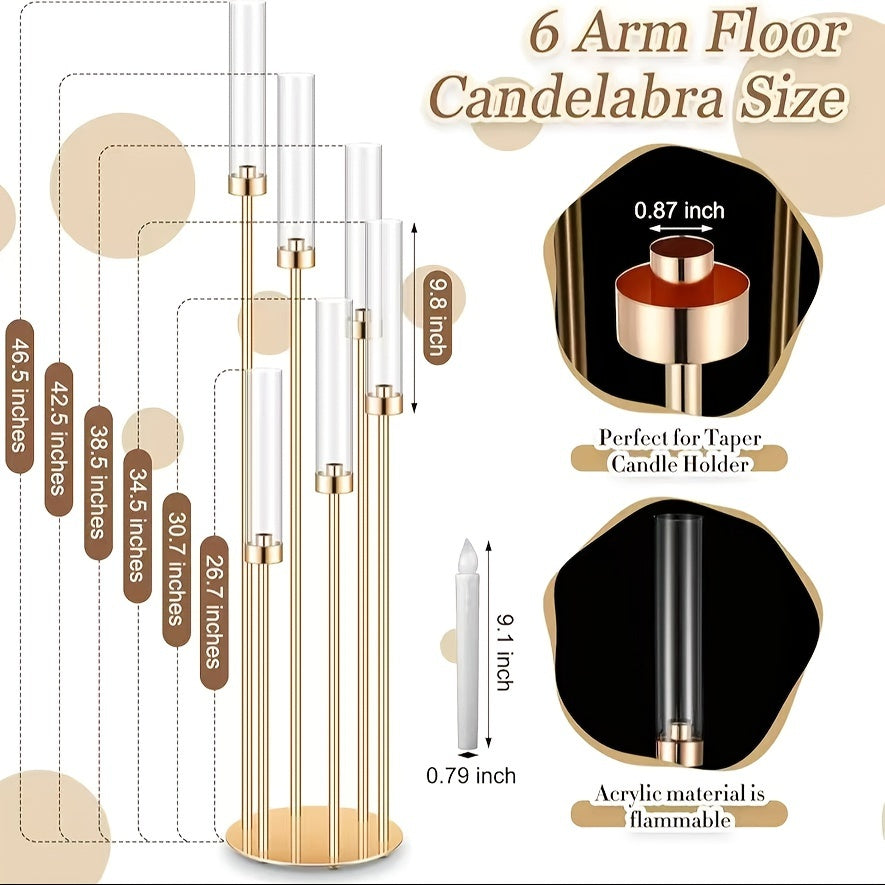 2 Sets Floor Candelabra 6 Arms 46'' Tall Candle Holder with 12pcs LED Candle for Valentine's day, Candelabra Centerpieces for Table, Metal Candlestick Set with Acrylic Lampshade for Wedding Decor (Golden) Seasonal Holiday Decoration,Candleholders
