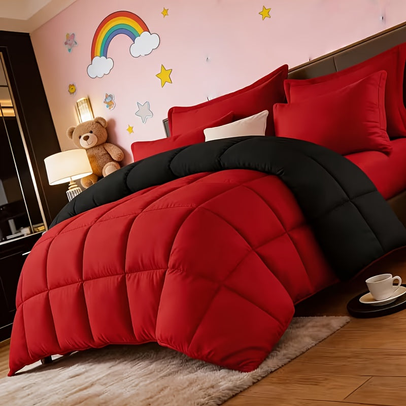 2/3pcs Red And Black bedding with All-Season Comforter, Available in Standard Double/King Double/Super King Sizes. Includes 1 Comforter And 1/2 Pillowcases, Suitable for Kids' Rooms, School Dormitories, Apartments