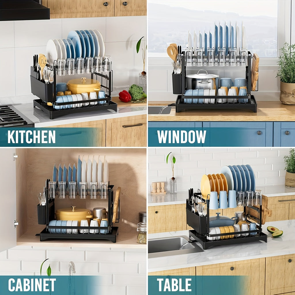 2 Tier Dish Drying Rack for Kitchen Counter, Dish Drainers for Kitchen Counter with Drainboard, Metal Kitchen Dish Rack with Drain, Kitchen Drying Rack Two Tier, Black Dish Racks