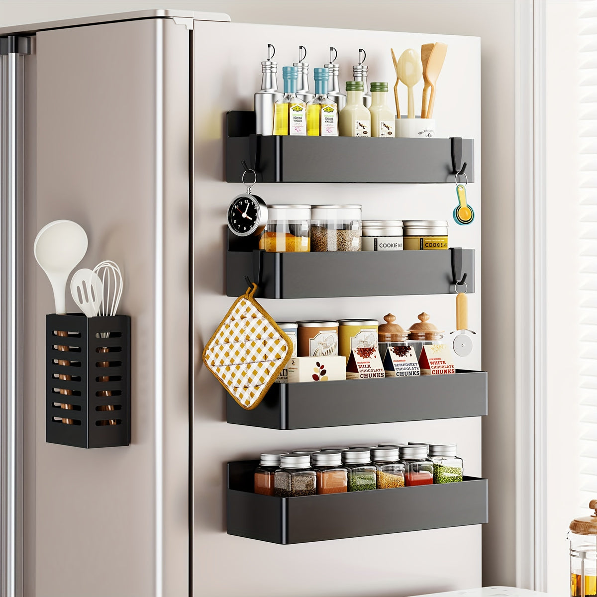 5/6pcs Multifunctional Magnetic Refrigerator Spice Organizer Set, Magnetic Kitchen Paper Towel Holder, Magnetic Refrigerator Kitchen Utensil Organizer with Four Hooks, Space Saving Design, Hole-Free Design, Kitchen Accessories, Home Decoration, Utility Sh