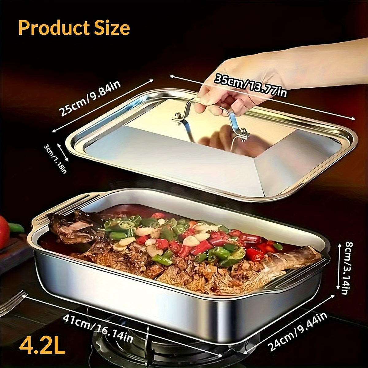 4pcs(2 Deep Trays and 2 Lids with Handles) Stainless Steel Baking Tray with Steel Lid 16.1 Inches with Fresh-keeping Lid, Non-stick and Easy to Clean, Suitable for Outdoor Pumpkin Cooking, Barbecue and Other Multi-purposes- Perfect Choice for C