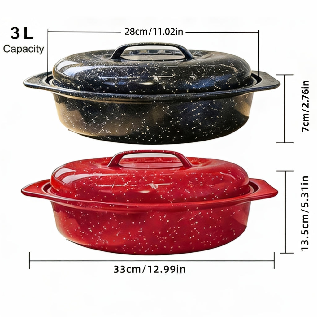 Granite Enamel Roasting Pan with Lid, Large Nonstick Carbon Steel Turkey Roaster for Oven, Chicken Roasting Pan, Soup Stew Bakeware,Black/Red Cooking Soup Pot