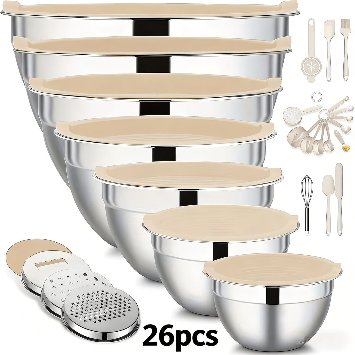 26pcs Stainless Steel Mixing Bowl with Sealed Lid, Including 7 Mixing Bowls+3 Types Of Wire Scraping And Slicing Tools And Kitchen Tools, Suitable for Baking, Salad Making, Mixing, Kitchen Tidying, Christmas Gifts, Father's Gifts, Gifts for Men