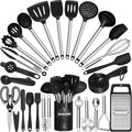 Silicone Cooking Utensil Set with Stainless Steel Handles, 34-Piece Kitchen Tools and Holder for Nonstick Cookware, Stirring Serving and Everyday Meal Prep