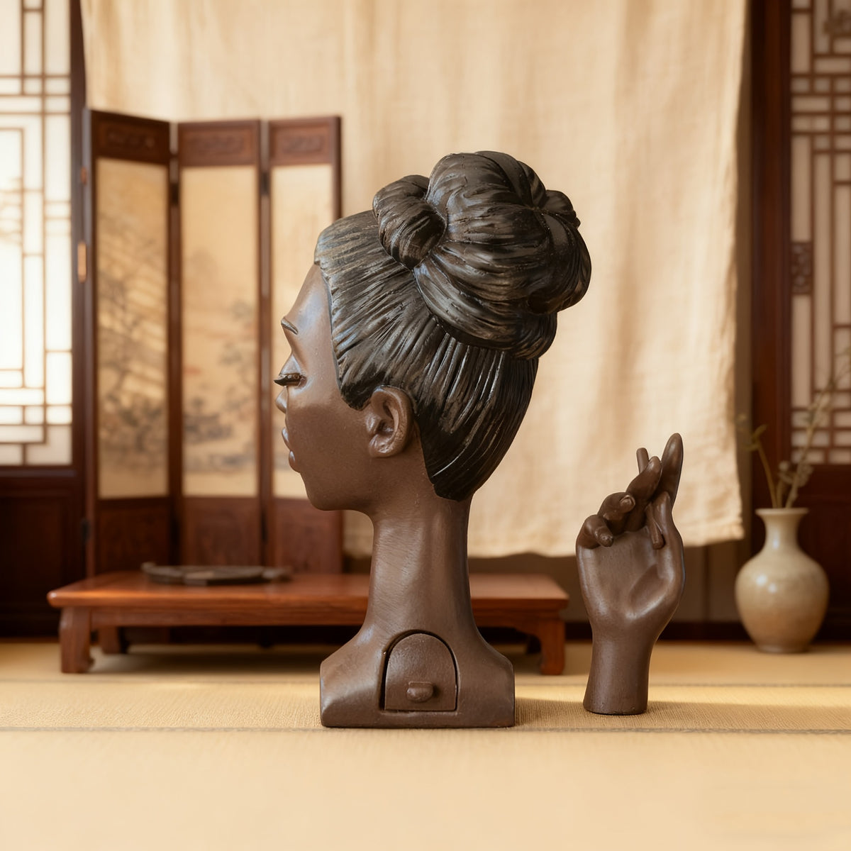 Free Delivery! Handcrafted Exquisite Black Incense Burner - High Resin Meditation Statue, Quiet Airflow Design, Solid Base And Stable Flameless Running, Suitable for Home Decor, Yoga Room, Relaxation Space - Art Deco Style Smokeless Aromatherapy
