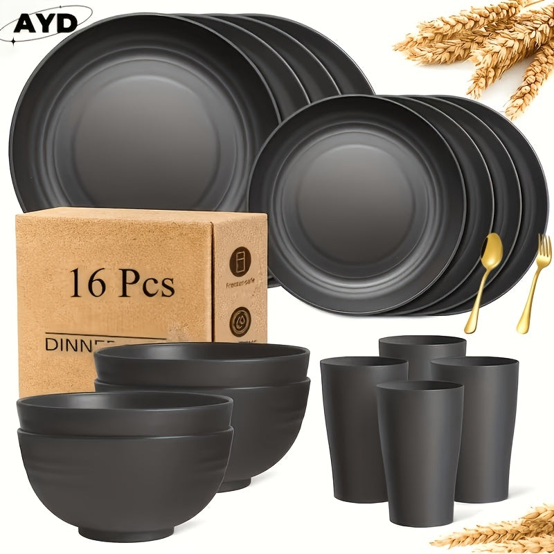 32pcs/16pcs Wheat Straw Large Size Dinnerware Set, Pair with 2 Golden Tableware, Service for 8/4 People, Lightweight Kitchen Additions, Unbreakable Modern Dish Set-Plate/Dessert Plate/Bowl/Cup, Dishwasher And Microwave Safe