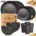 Wheat Straw Dinnerware with Golden Tableware, 16 or 32 Piece Lightweight Plates, Dessert Plates, Bowls and Cups for 4 or 8 People in Three Color Options