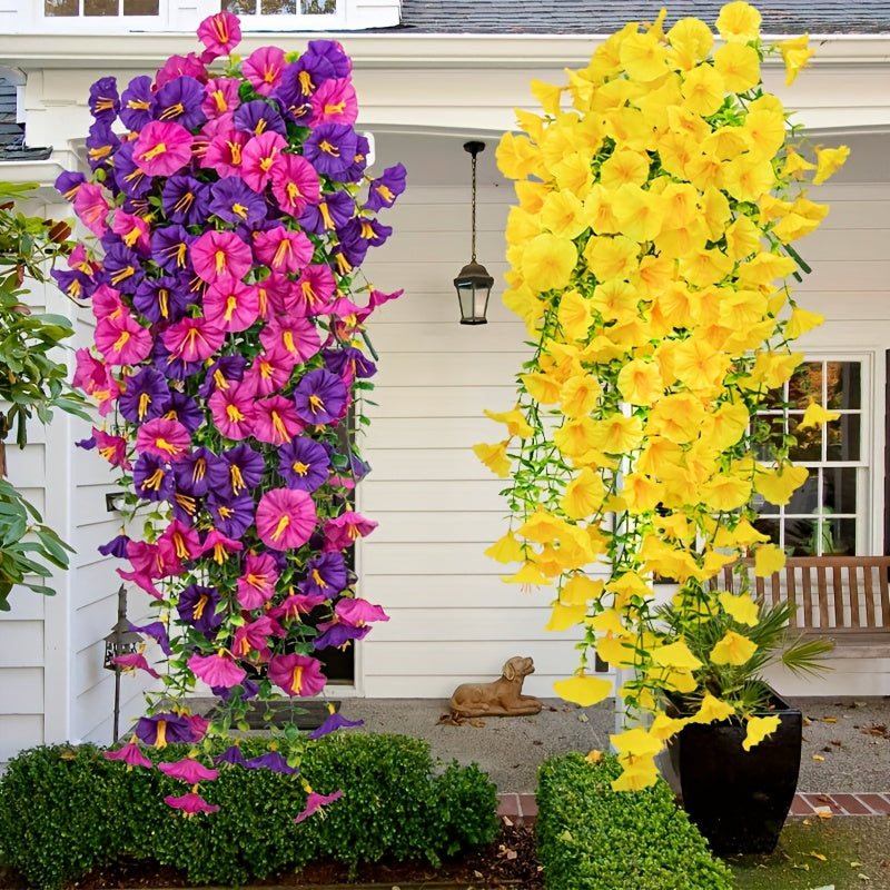 Morning Glory Faux Flower Bundles, 4-Piece Artificial Hanging Floral Decor for Front Porch Planters, Window Boxes, Garden Displays and Home Styling