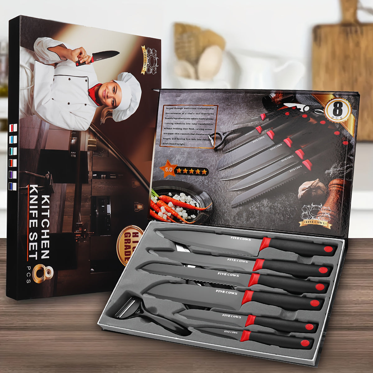 Professional 6/7/8 Kitchen Knife Set, Chef's Knife, Slicing Knife, Scraper And Scissors, High Carbon Stainless Steel Super Sharp, with Anti-stick Ergonomic Wooden Handle, Chef's Knife Set, Suitable for Family Travel, Gift Box Set