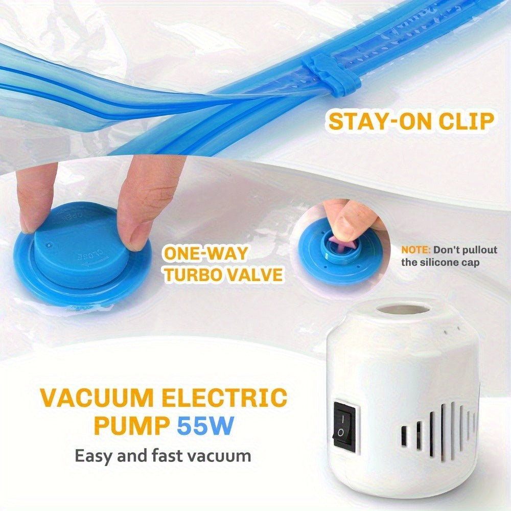 Vacuum Compression Bags with Electric Pump, 16-Pack Clear Blue Storage Set with 7 Small, 6 Medium and 3 Large Bags for Clothes, Bedding and Travel