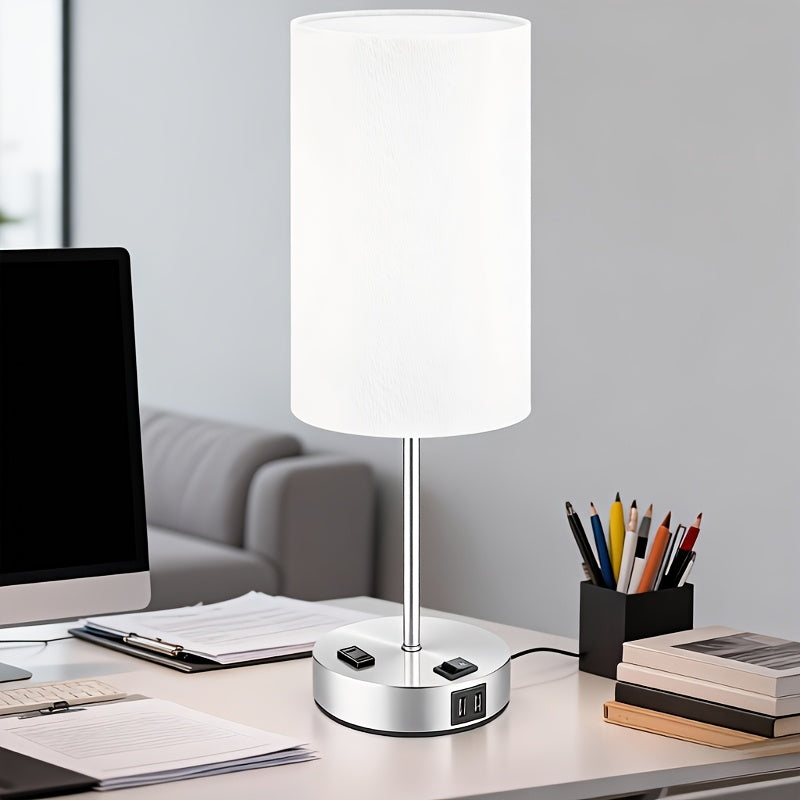 Dimmable Table Lamps with USB Charging Ports And AC Outlet, 3-Way Switch Control Bedside Nightstand Lamps, Wood/Metal Base, Modern Desk Lamps for Bedroom, Living Room, Office, Bulbs Included (1/2 Pack)