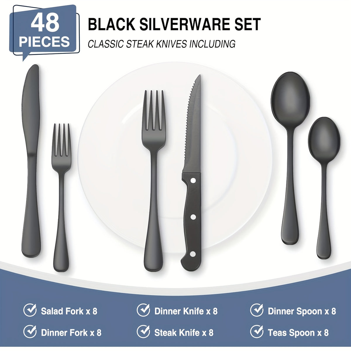 48pcs Silverware Set with Steak Knives, Christmas Stainless Steel Flatware Cutlery Set, Eating Utensils for 8, Spoons Forks Knives for Home Kitchen, Simple Design & Mirror Finish, Dishwasher Safe(Silvery, Black)