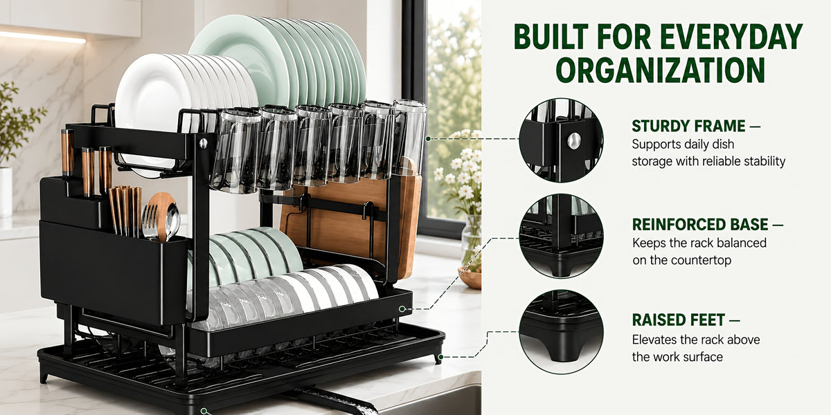 Two-Level Dish Drying Rack For Kitchen Surfaces, Kitchen Organizers And Storage, Dish Drainer With A Drainboard, Kitchen Accessories, Metal Kitchen Dish Holder With Drainage, Two-Tier Kitchen Drying Rack, Black Dish Holders
