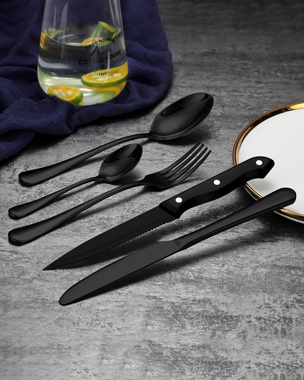 24/48pcs Black Silverware Set With Steak Knives Service For 4/8, Christmas Stainless Steel Flatware Set, Mirror Polished Kitchen Accessories, Home Kitchen Party Eating Tableware Set, Include Fork Knife Spoon Set, Dishwasher Safe (Silver, Black)