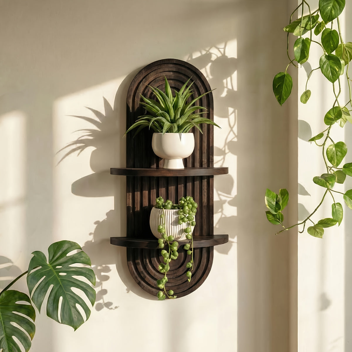 Plant Shelf Mid-Century Modern 1-2 Tier 15In Brown Wood Floating Shelves Wall Planter Holder & Boho Decor Hanging