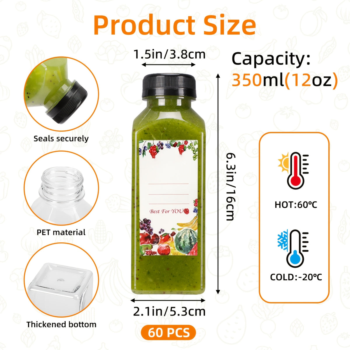 Clear Juice Bottles with Lids and Labels, 12 oz or 16 oz Bulk Beverage Containers with Funnel and Brush for Smoothies, Water and Coffee