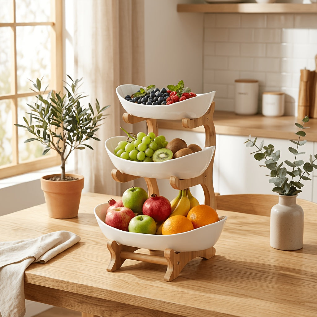 A Creative Two-Layer/Three-Layer Kitchen Fruit Basket, Large-Capacity Layered Fruit Basket, European-Style Dried Fruit Plate, Bamboo And Wood Frame, Household Snack Plate, Candy Tray, Fruit Basket, Bamboo And Wood