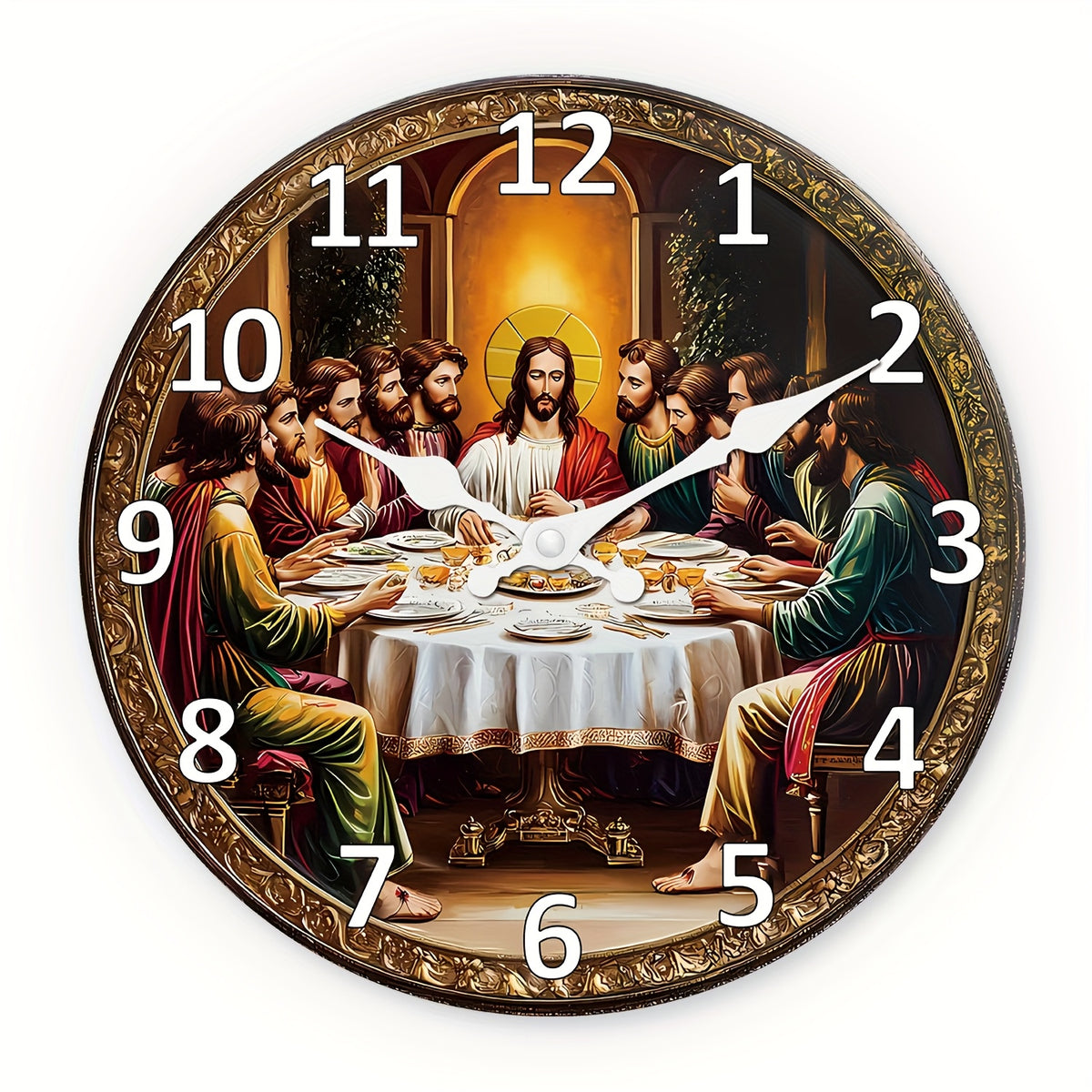 Religious Last Supper Wall Clock- Silent Non-Ticking Mute Clock& Disciples, Large Face, Golden Hands& Roman Numerals- Artificial Construction for