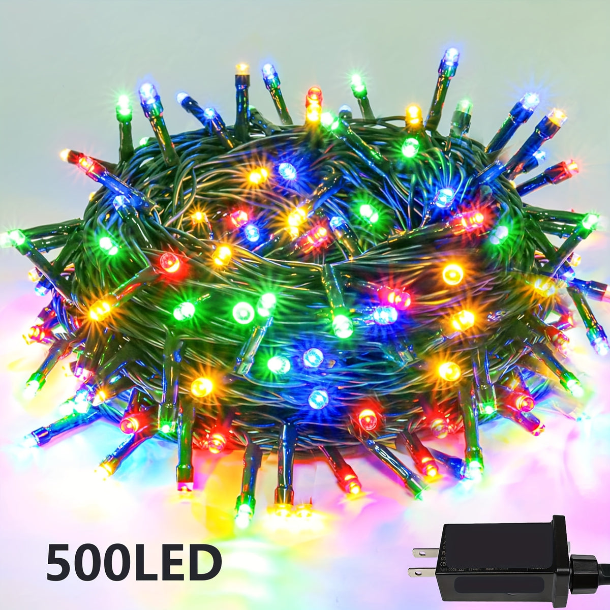 Outdoor And Indoor LED Christmas Lights in Multi-Color Options, Available in 100, 200, 300, And 500 Counts. Features a Green Wire, Memory Function, Timer, And 8 Modes. These Super Bright Lights Are IP44, Perfect for Holiday Parties, Gardens