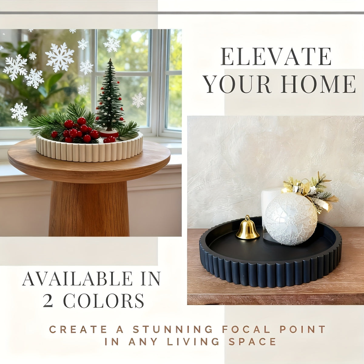 Fluted Wood Decorative Tray, Black or White Round and Square Options for Coffee Table Centerpieces, Jewelry Organization and Modern Living Room Decor