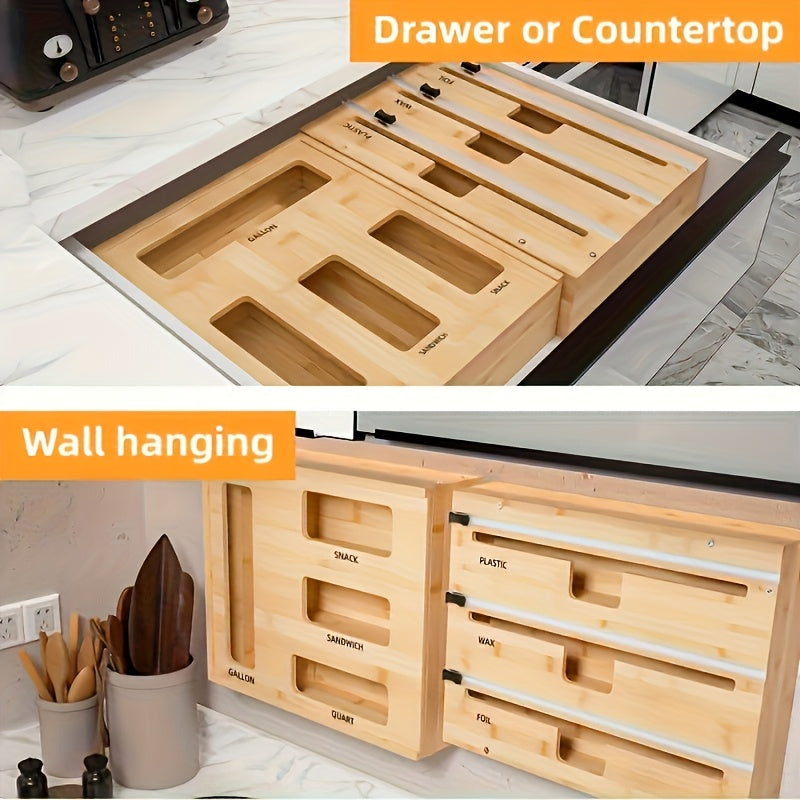 1pc 9 IN 1 Storage Bag Organizer for Kitchen Drawer, Bamboo Foil And Plastic Wrap with Cutter, Organizers Compatible Gallon, Quart, Sandwich Snack Size