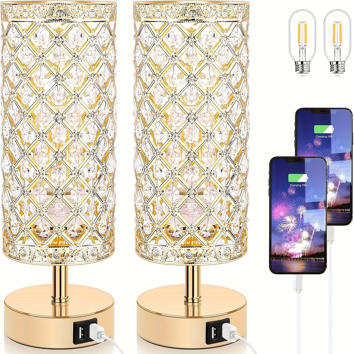 Touch Control Crystal Table Lamps With 2 USB Ports, 3-Way Dimmable Bedside Nightstand Lamps With Decorative Crystal, Small Table Lamps For Bedrooms Living Room, Office, Led Bulb Included
