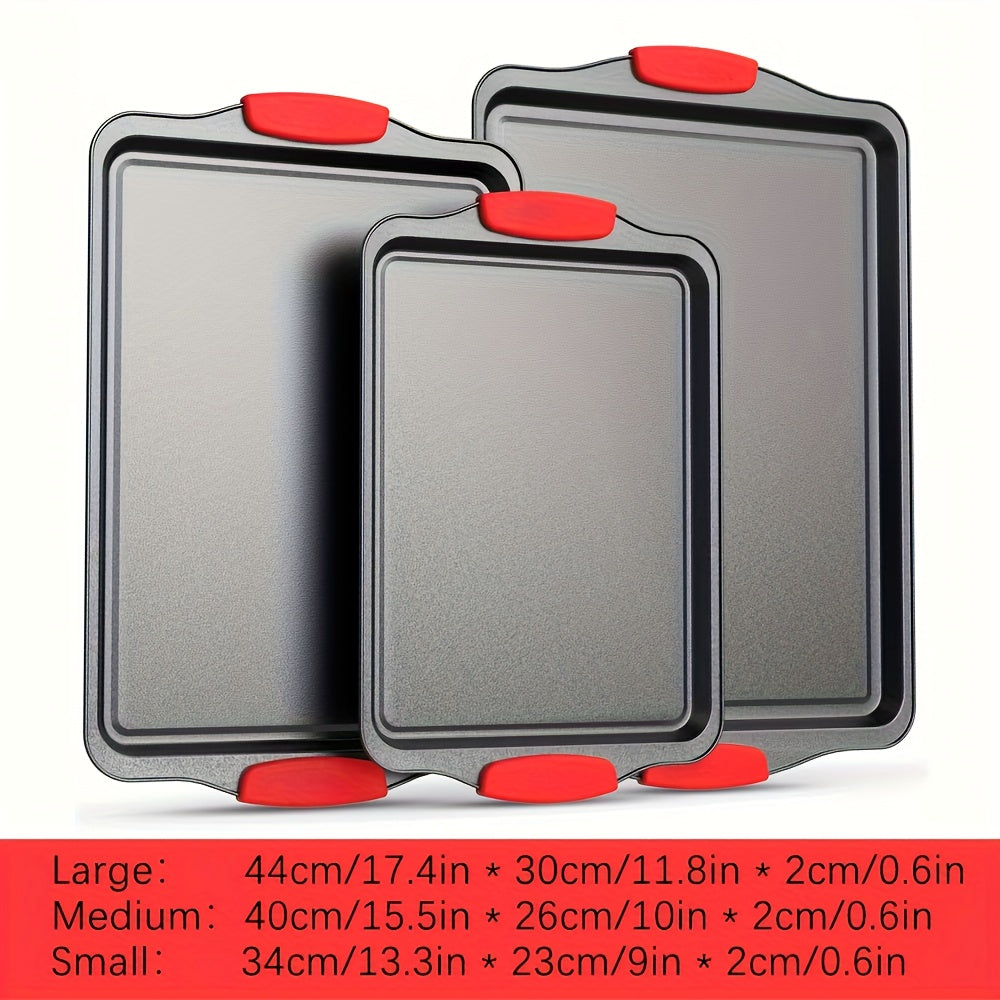 3-4pcs Non-stick Kitchen Oven Baking Pan - High Quality Stylish Non-stick Steel, Commercial Grade Restaurant Quality Metal Baking Pan Including Large, Medium And Small Pans For Baking And Baking With Red Silicone Handles - Easy To Clean, Black
