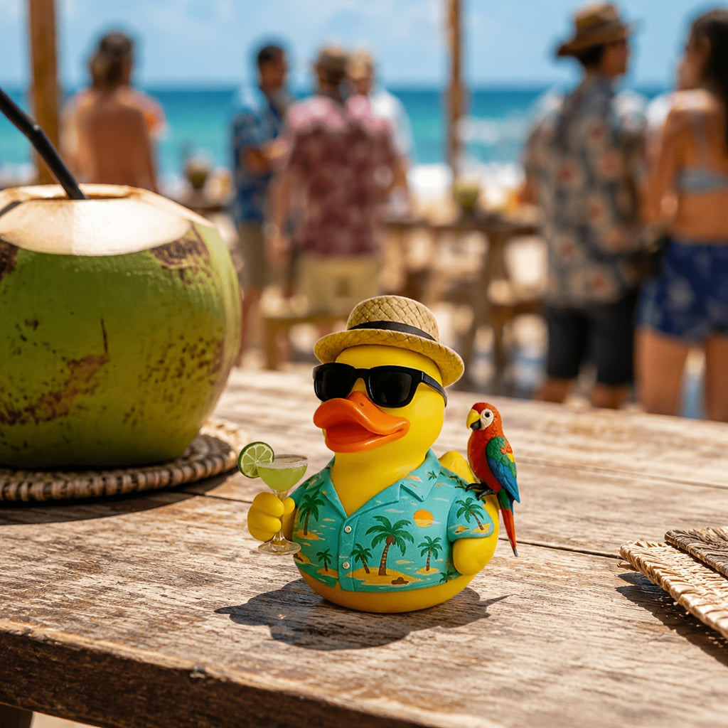 Cocktail Beach Duck, Special Summer Edition. Exquisite Craft Ornament. Perfect for Outdoor Scenes, Pool Parties, Beach Parties, Hawaiian Styles Seaside Vacations. Ideal Decor for Summer-Themed Shoots And Thoughtful Seasonal Gifts
