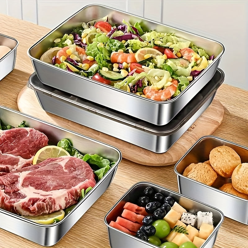 Purchase Three And Receive Two at No Cost, Making a Total of Five Stainless Steel Food Storage Containers - Sturdy Baking Trays That Come with Complimentary Lids, Reusable, Ideal for Picnics, Meal Preparation, Organizing The Refrigerator