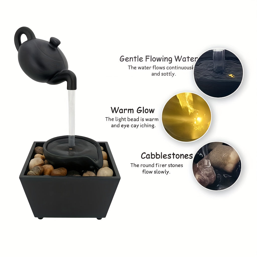 Zen Teapot Water Fountain Lamp with Soothing LED Glow & Water Flow - Black Resin Relaxation Fountain, Pebble Bed for Home/Office Decor,, Meditation Aid, Warm Light Gift for s ( Operation)