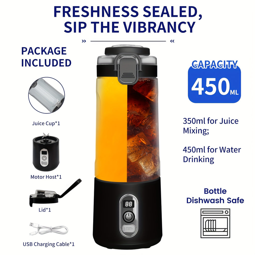 LALAYUAN USB-Powered Juicer & Juicer with Digital Timer, Battery Left Display, High-Speed Ice Crush, USB-C Fast Charge, One-Tap NO-Spill Lid, 6-Blade Stainless Steel - Smoothie Blender Portable, Protein Shakes, Gym, Travel Smoothie Maker